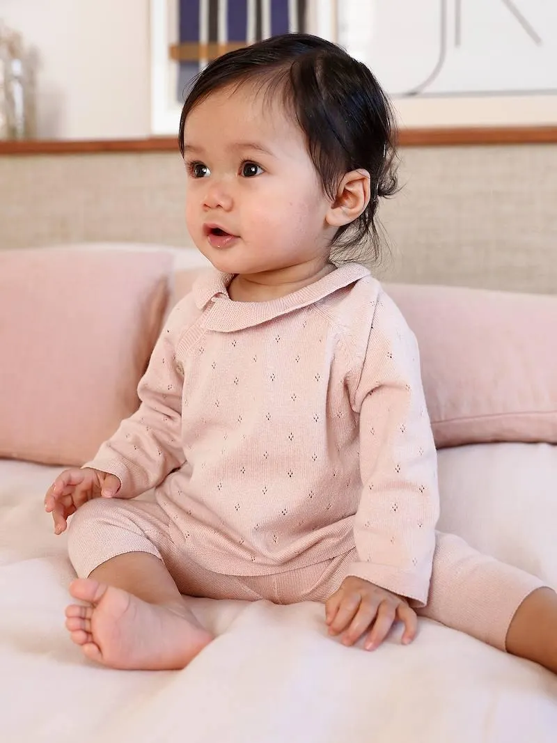 Ensemble bébé pull à collerette pantalon en tricot - rose nude