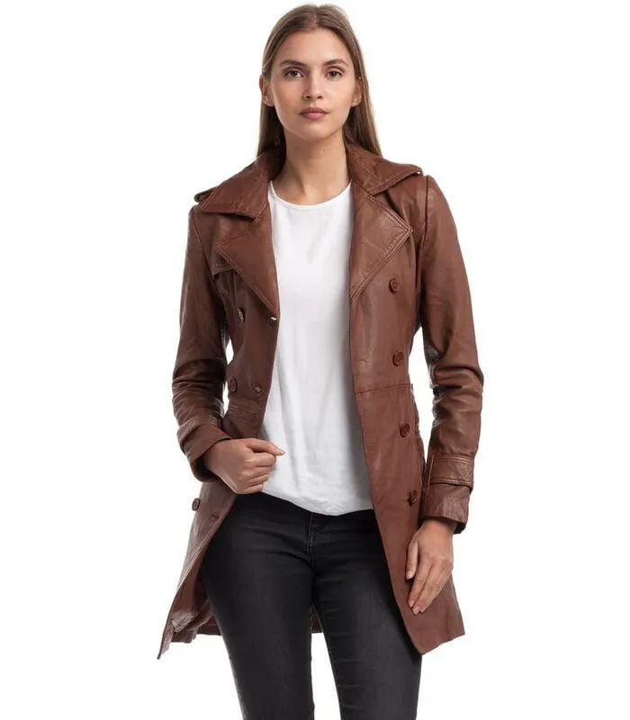 Esmeralda lange lederen trenchcoat