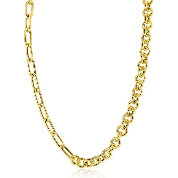 ZINZI gold plated zilveren ketting 45cm met twee stoere schakels gecombineerd: jasseron en ovale schakels (8,5mm breed) ZIC2477G