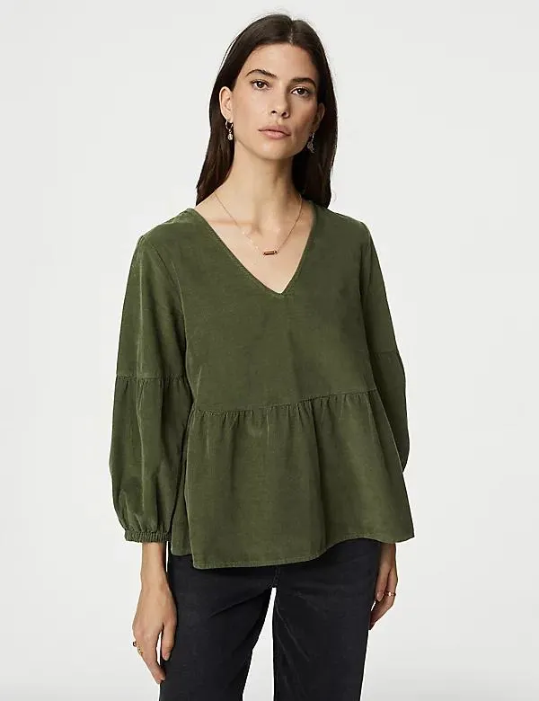 Pure Cotton Corduroy V-Neck Blouse