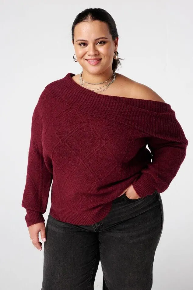 Off-shoulder trui met kabelpatroon