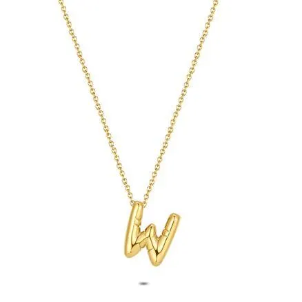 Halsketting in goudkleurig edelstaal, bubble letter W