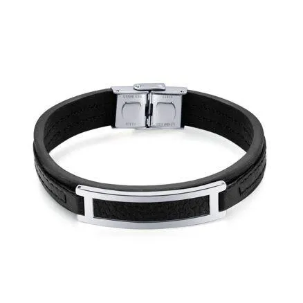 Armband in edelstaal, zwart leder, centraal motief