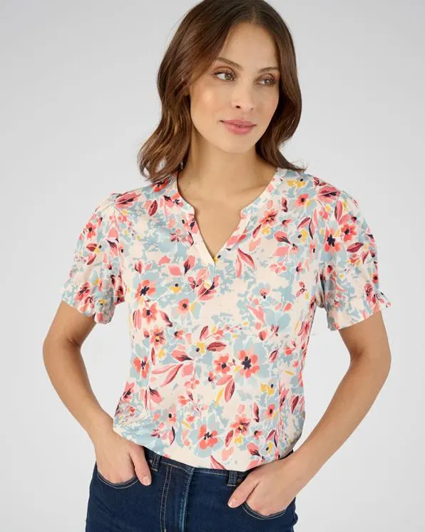 T-shirt in gebloemde crêpe met stretch