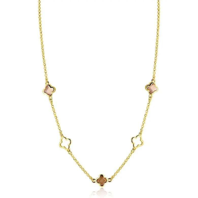 ZINZI gold plated zilveren collier 45cm met drie klavervormige zettingen met bruine kleurstenen ZIC2772