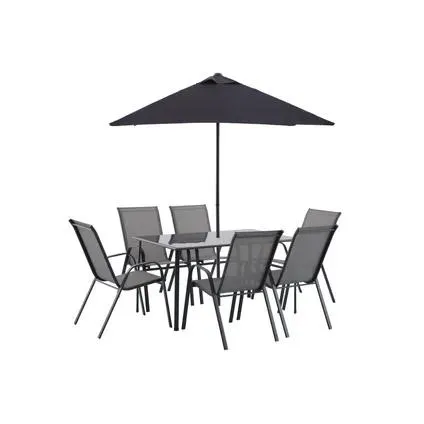 Ensemble de jardin Central Park Paolo - Acier - Anthracite - Avec parasol - 6 personnes