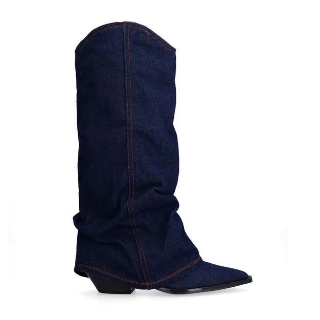Donkerblauwe denim cowboylaarzen met flap