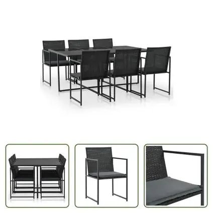 vidaXL Mobilier à dîner de jardin 7pcs et coussins Résine tressée Noir