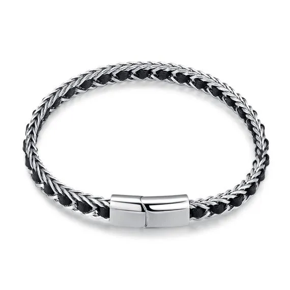 Armband in edelstaal, zwart leer en staal
