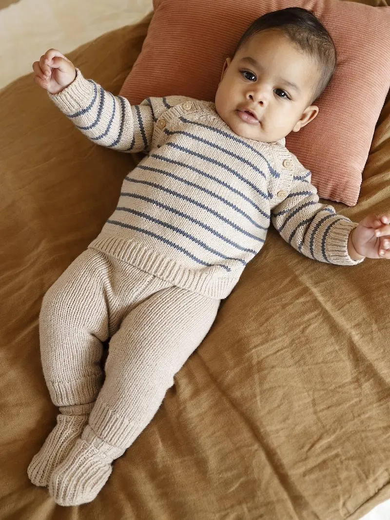 Ensemble 3 pièces naissance en tricot pull + pantalon + chaussettes - beige chiné