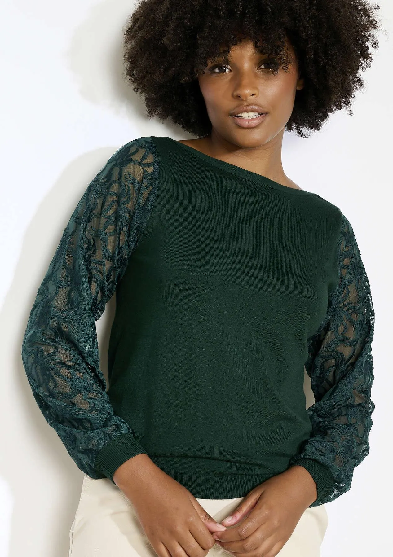 Sheer embroidered sleeve sweater