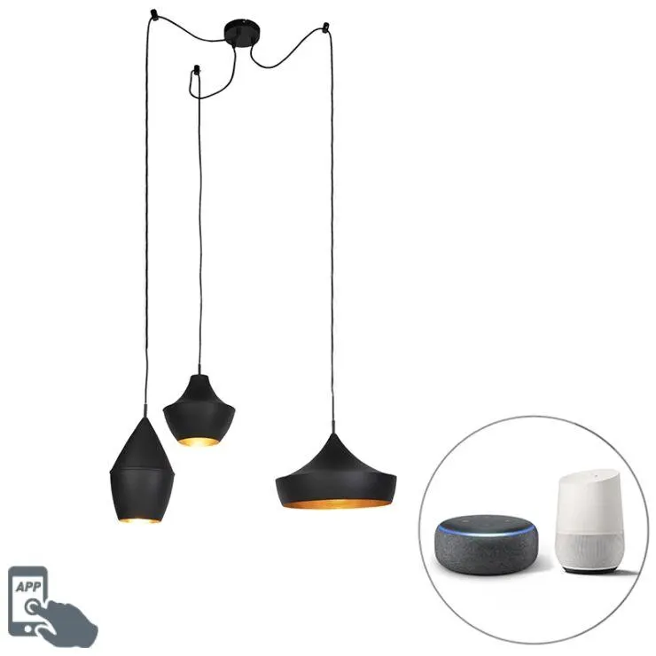 Set van 3 smart hanglampen zwart met goud incl. Wifi A60 - Depeche