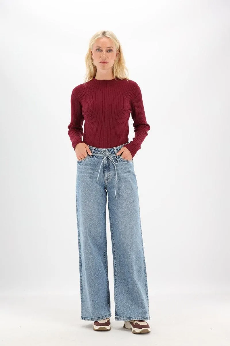 Bordeaux rib trui met opstaande hals