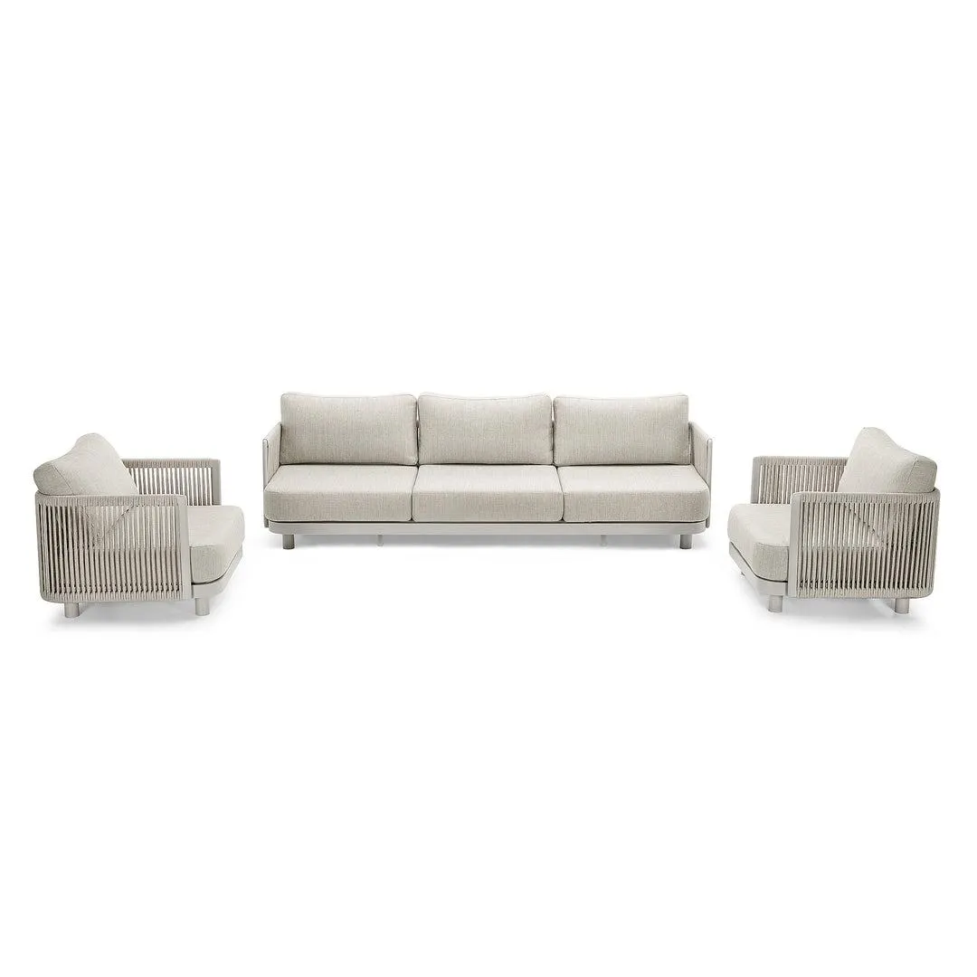 Bonito loungeset in beige aluminium en vertikaal geweven touw met all-weather kussens