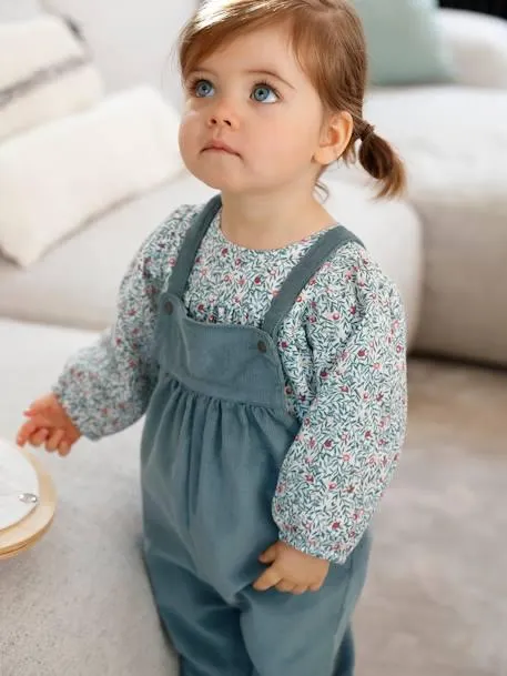 Ensemble blouse et salopette velours bébé fille - bleu céleste