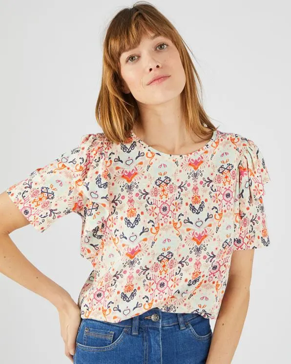 T-shirt in katoen/modal met volantmouwen