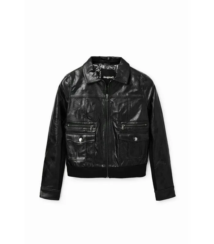 Retro lederen jas met zakken voor vrouwen