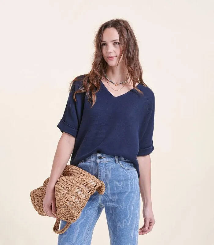 Marineblauwe trui korte mouwen v -neck