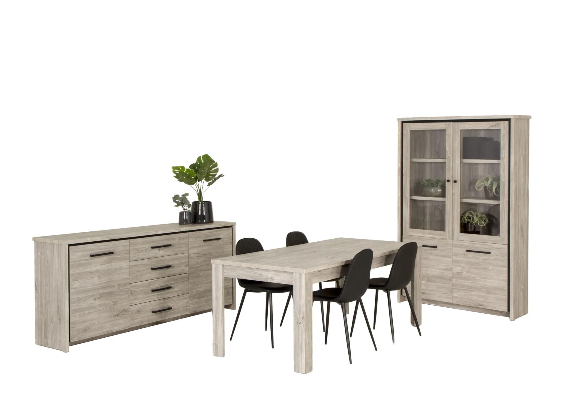 Eetkamer Elias met 4 stoelen Chuck - tafel 170x90cm - dressoir 201cm - vitrinekast 115cm