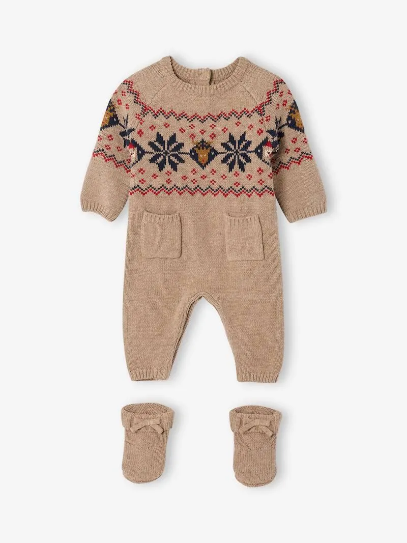 Ensemble naissance 2 pièces Noël combinaison chaussons en tricot