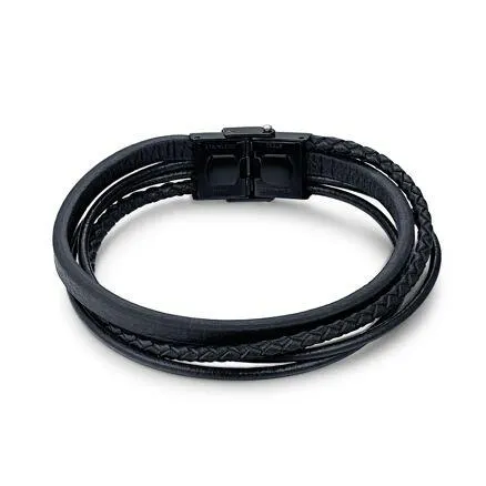Armband in edelstaal, 4 rijen zwart leder