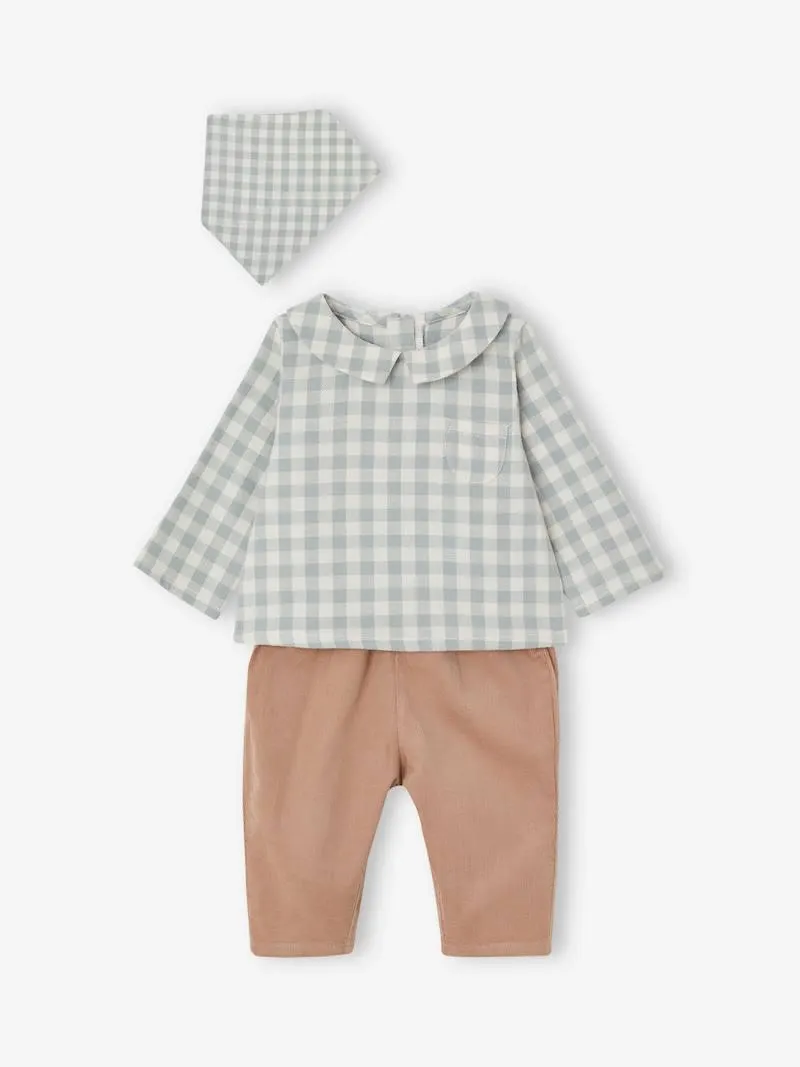 Ensemble bébé chemise body + pantalon velours + bandana - vert sauge