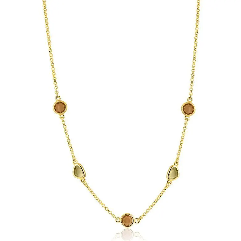 ZINZI gold plated zilveren collier 45cm met speelse vormen, bezet met bruine en olijfgroene kleurstenen ZIC2770