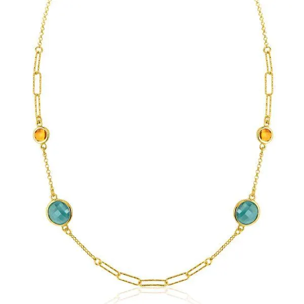 ZINZI gold plated zilveren fantasie ketting met paperclip schakels en vier ronde zettingen bezet met smaragd groene en citrien donkergele kleurstenen 40-45cm ZIC2418G