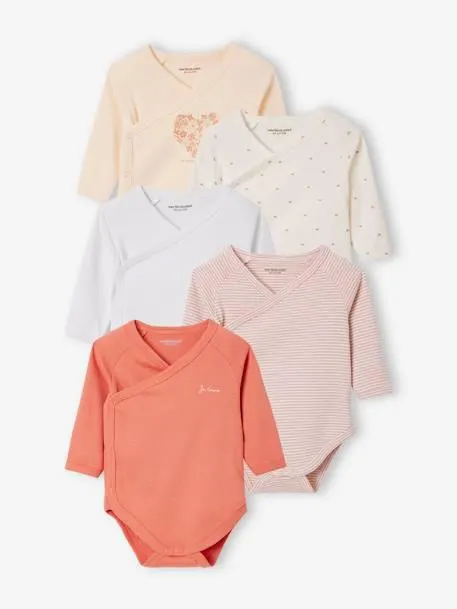 Lot de 5 bodies "coeur" bébé manches longues ouverture naissance - rose poudré