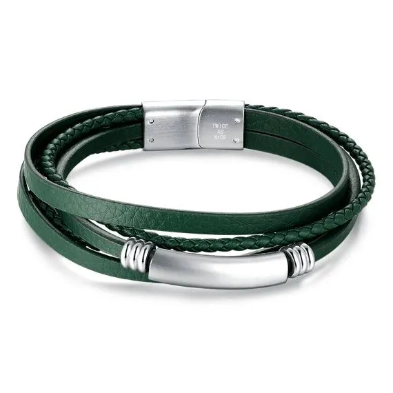 Armband in edelstaal en groen leer, gevlochten