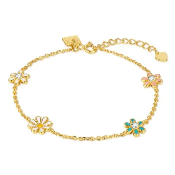 Armband in goudkleurig zilver, bloemen met zirkonia