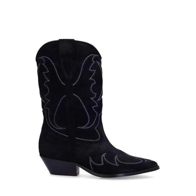 Zwarte suède cowboylaarzen met sierstiksels