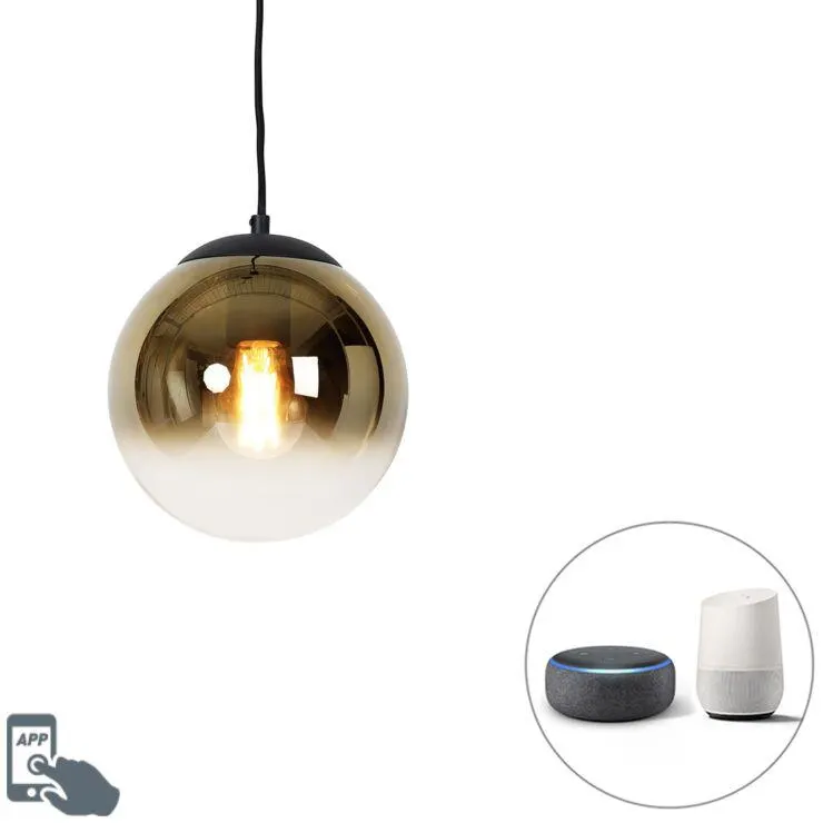 Smart hanglamp zwart met goud glas 20 cm incl. Wifi A60 - Pallon