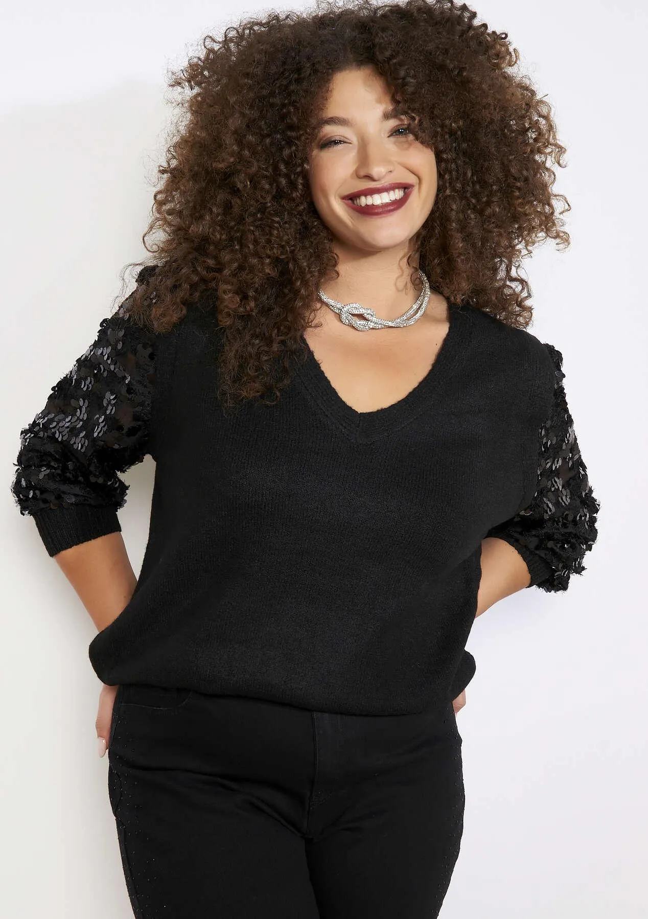 Sequin sleeve V-neck sweater