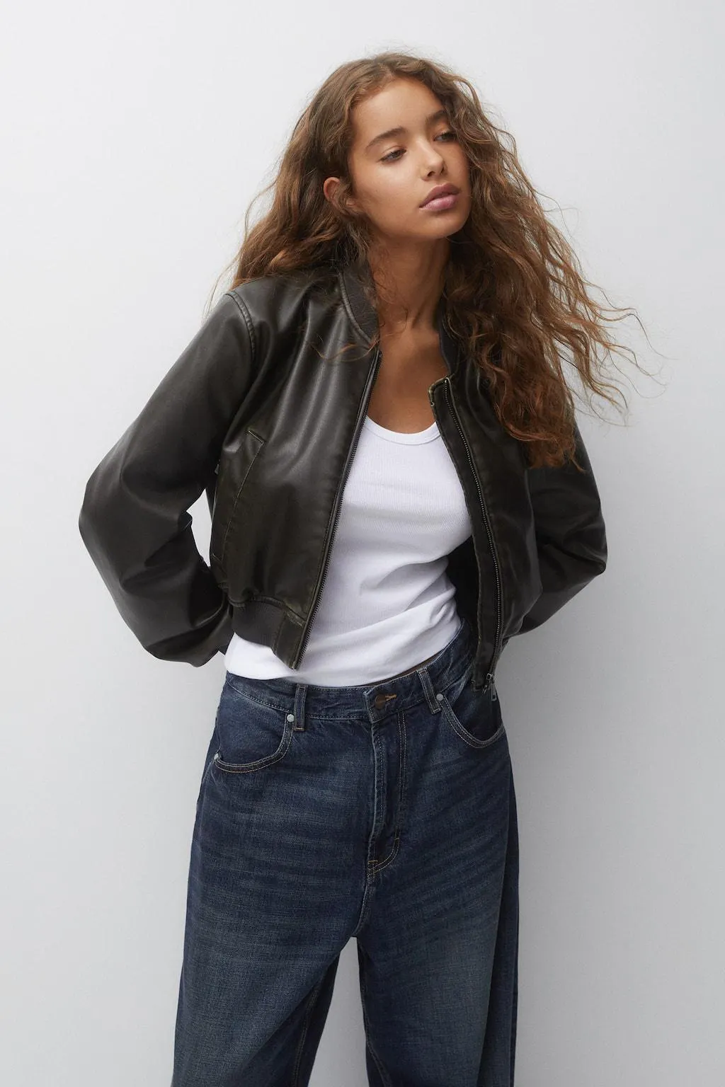 DISTRESSED FAUX LEATHER BOMBER JACKET