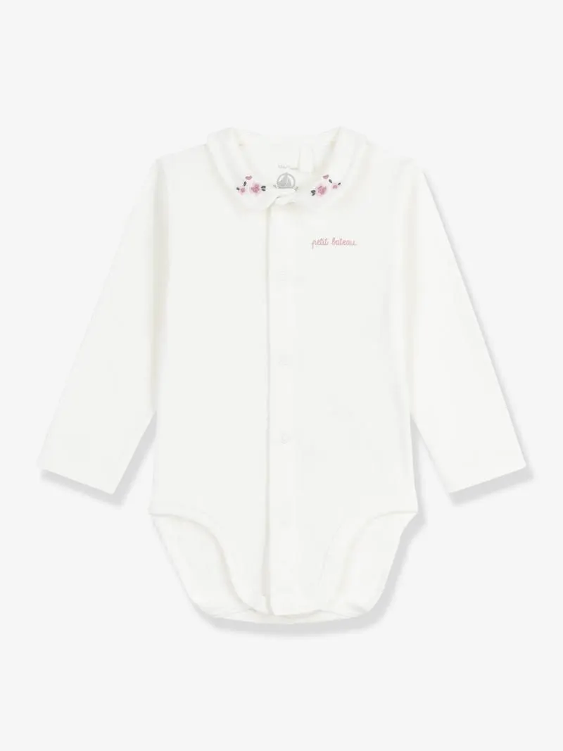 Body bébé à col brodé en côtes - blanc