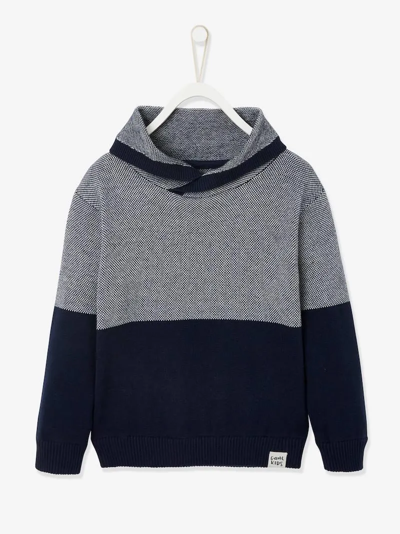 Pull garçon col croisé maille fantaisie effet color block