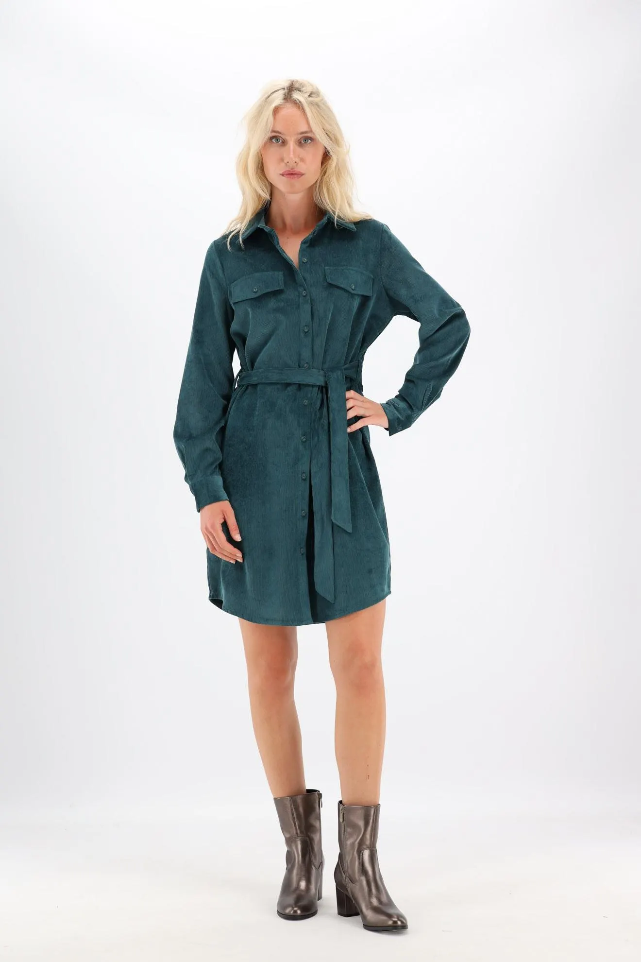 Donkergroen kort corduroy jurk met riem