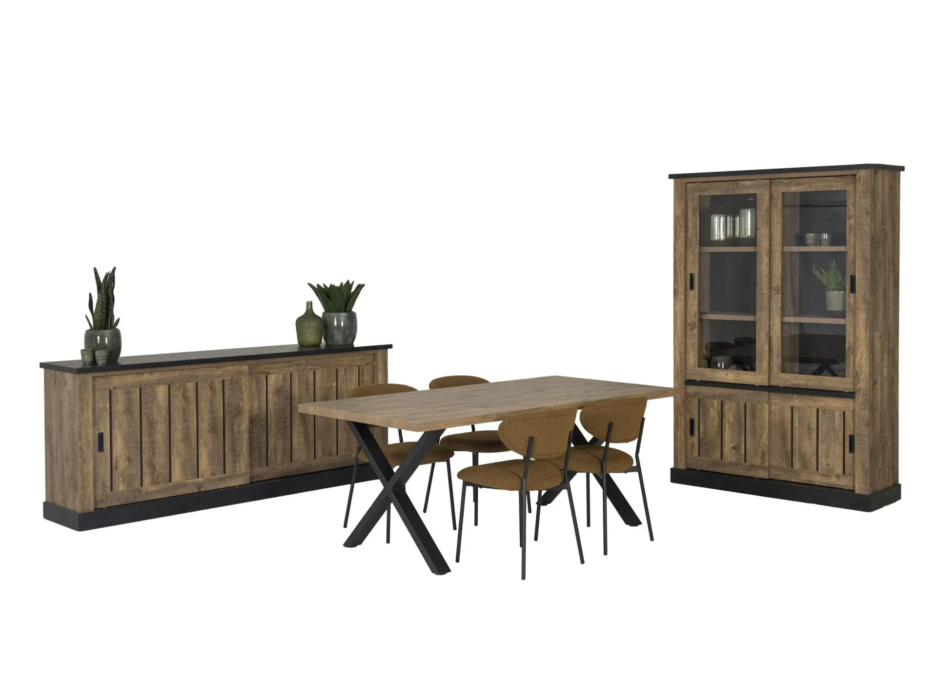 Eetkamer Etienne met 4 stoelen Jumper - tafel 220x95cm - dressoir 221cm - vitrinekast 135cm