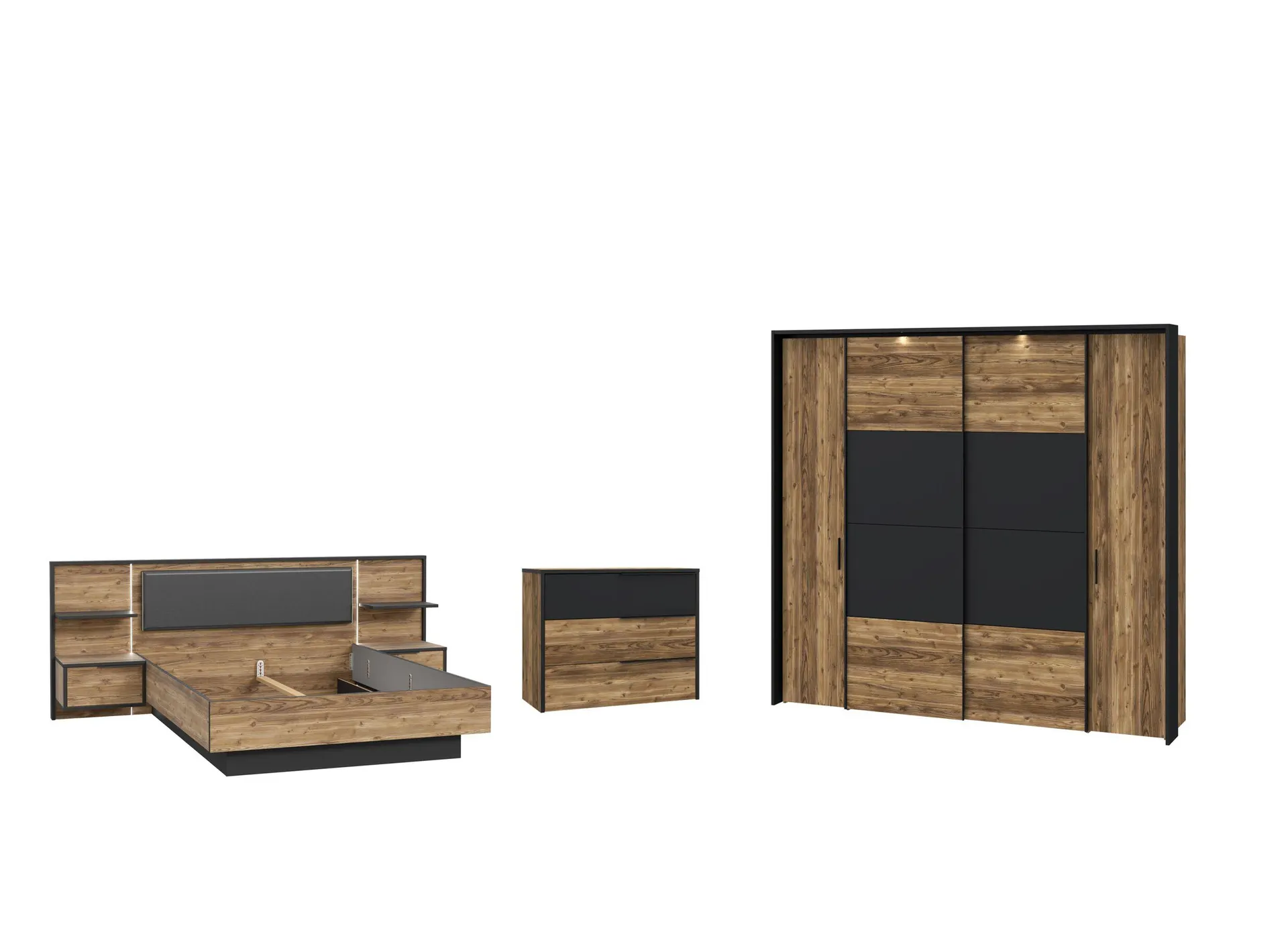 Slaapkamer Jabim met bed 160x200cm - kleerkast 279cm - commode 100cm