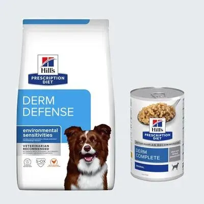 Croquettes Hill's Prescription Diet 12 kg + boîtes 3 x 370 g Derm Complete offertes !