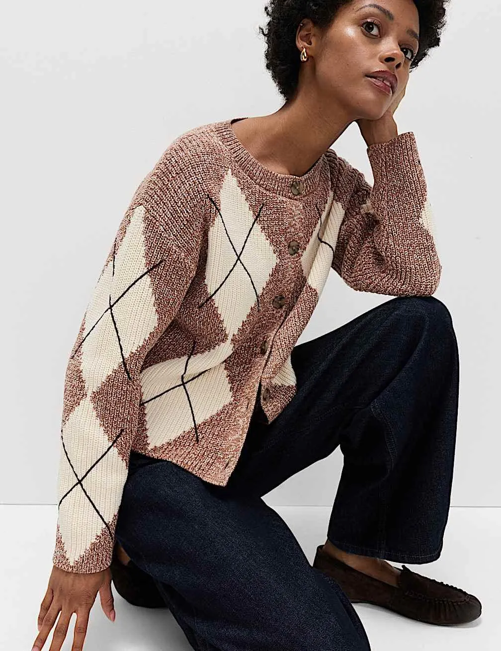 Cotton Rich Argyle Crew Neck Cardigan