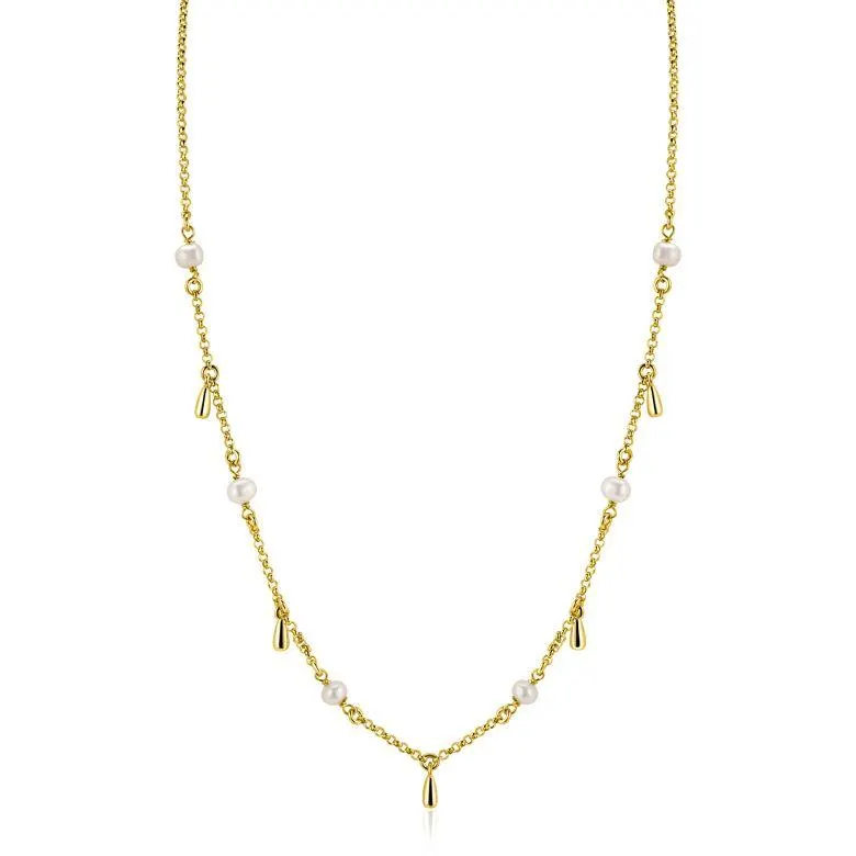 ZINZI gold plated zilveren ketting met witte zoetwaterparels en druppeltjes 42-45cm ZIC2753