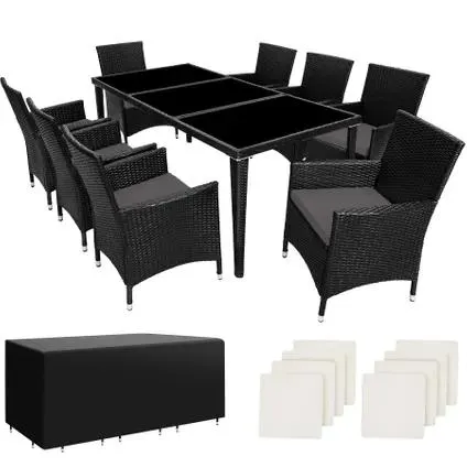 Tectake® Salon De Jardin Menorca 8 Places Avec 2 Sets De Housses + Housse De Protection - Noir