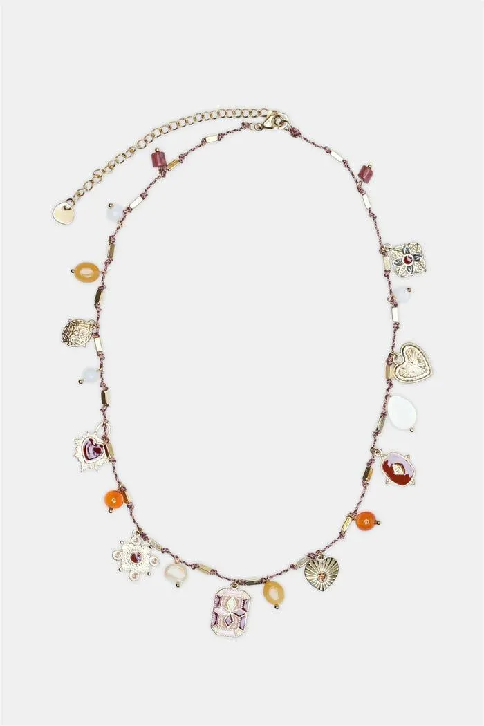 Halsketting met parels en bedeltjes stainless steel