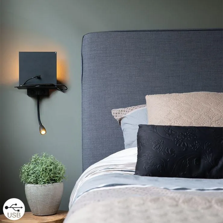 Moderne wandlamp zwart 2-lichts met USB en flexarm - Flero