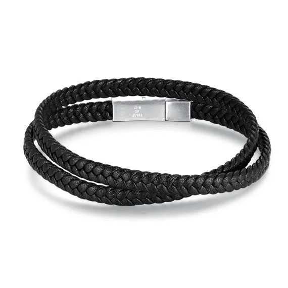 Armband in edelstaal, dubbel zwart leer