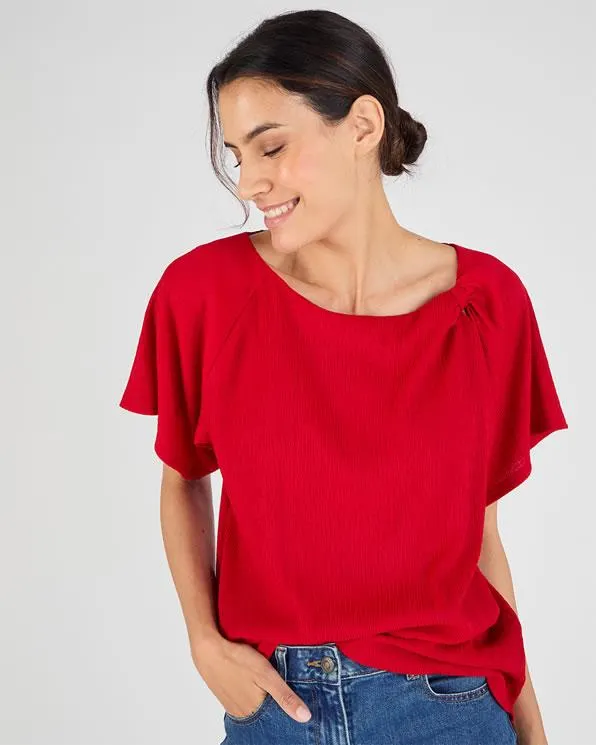 T-shirt van getextureerd tricot met sierkraag