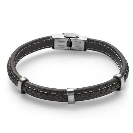 Armband in edelstaal, bruin leer