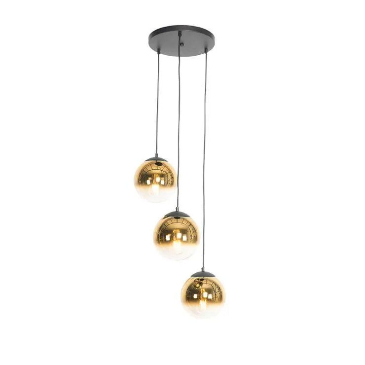 Art Deco hanglamp zwart met goud glas rond 3-lichts - Pallon
